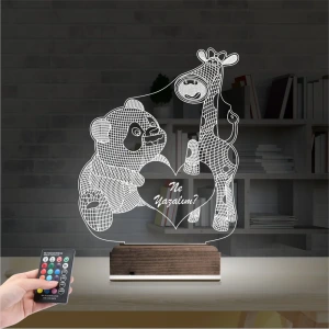 Ayıcık Zürafa Kalp Kişiye Özel 3D Lamba - Masa Gece Lambası
