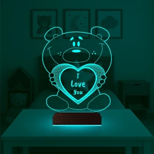 Ayıcık Kalp Kişiye Özel 3D Lamba - Masa Gece Lambası