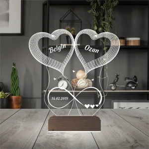 2 Kalp Sonsuzluk Sevgiliye Hediye Kişiye Özel 3D Lamba - Masa Gece Lambası